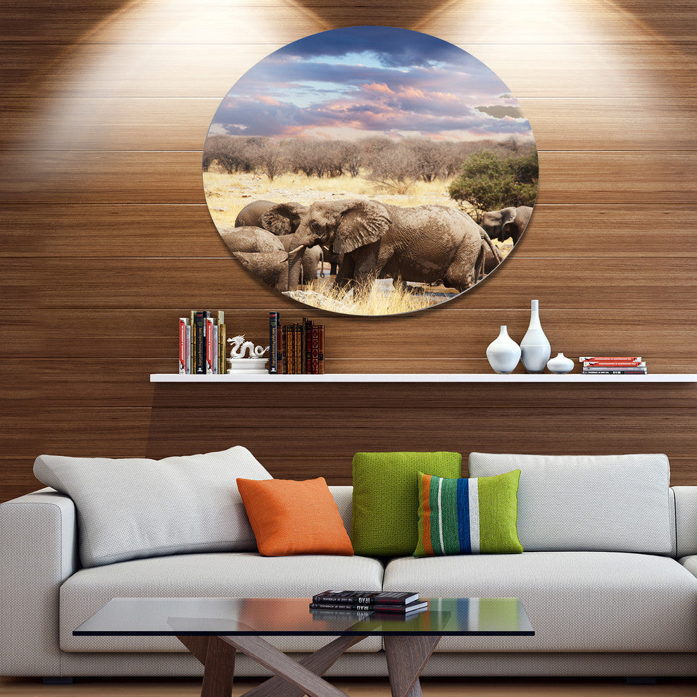 Memory Of Elephants In Bush, Animal Round Metal Wall Art, 36"