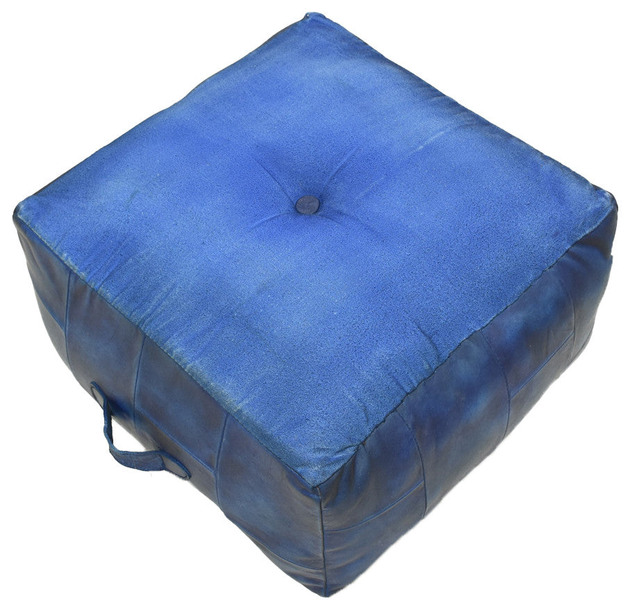Geometric Handmade Leather Pouf (Recycled Foam with Fibre Fill) Black, [Square]21x21x12