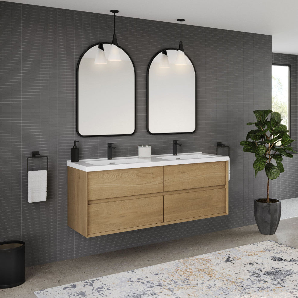 The Daria Bathroom Vanity, White Oak, 60", Double Sink, Wall Mount