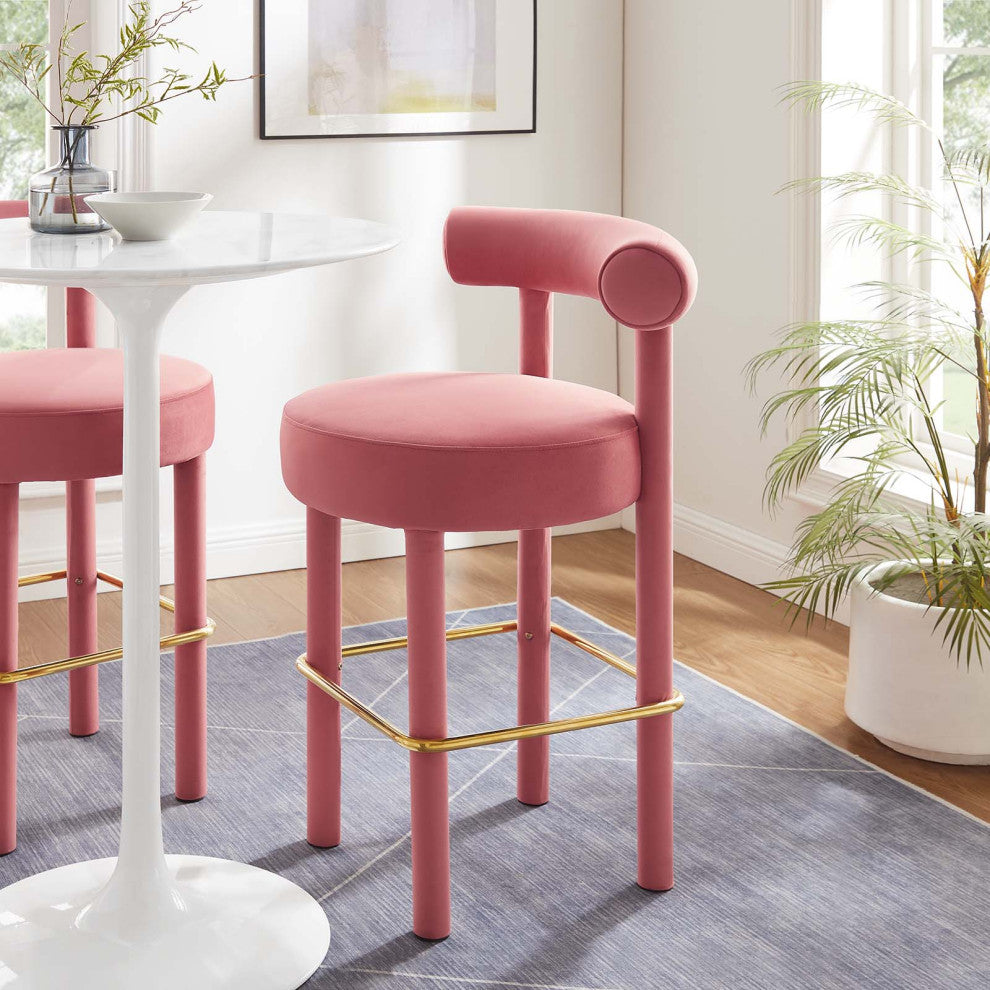 Toulouse Performance Velvet Bar Stool, Curved Round Bolster Kitchen Stool, Pink