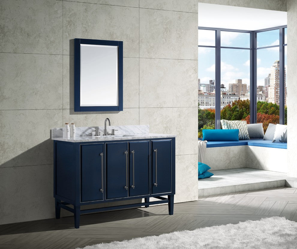 Mason 49" Vanity Combo, Navy Blue, Brushed Silver / Natural 1" Carrara White Marble Countertop and Backsplash