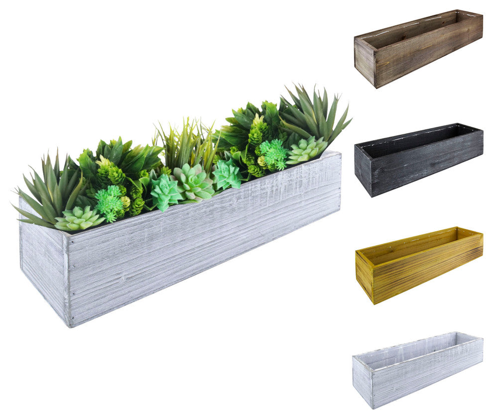 Natural Wood Rectangle Planter Box w/ Removable Plastic Liner 5"x17"x4" Set of 4, White