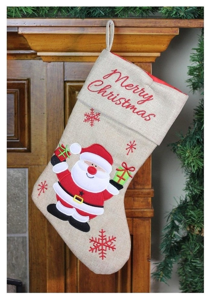 16" Burlap "Merry Christmas" Santa Claus Embroidered Christmas Stocking