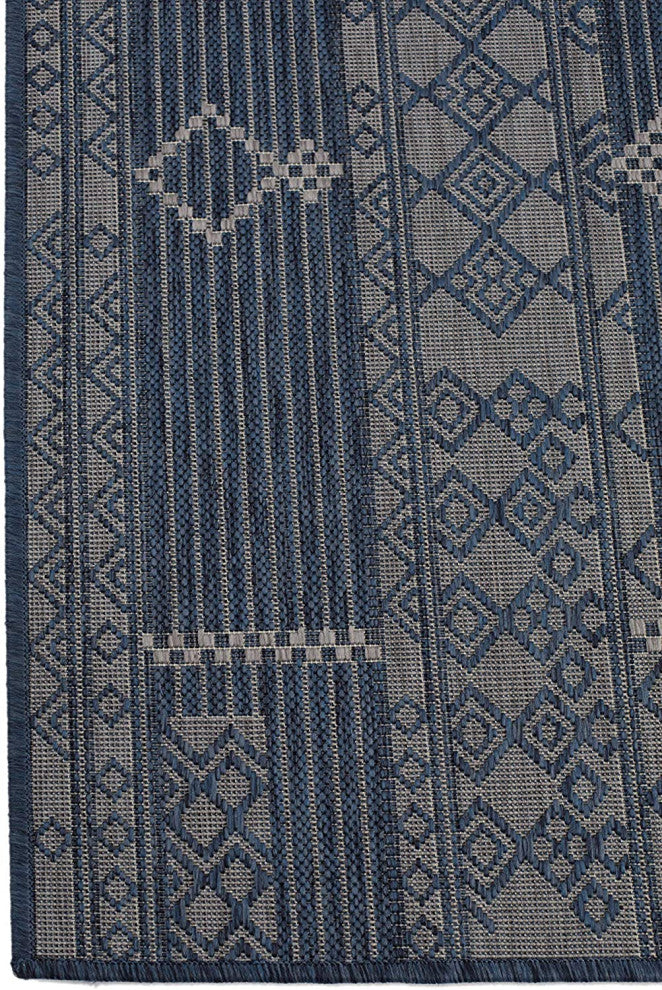 Outdoor Collection Geometric Pattern Bohemian Rug, Navy, 5'3"x7'6"
