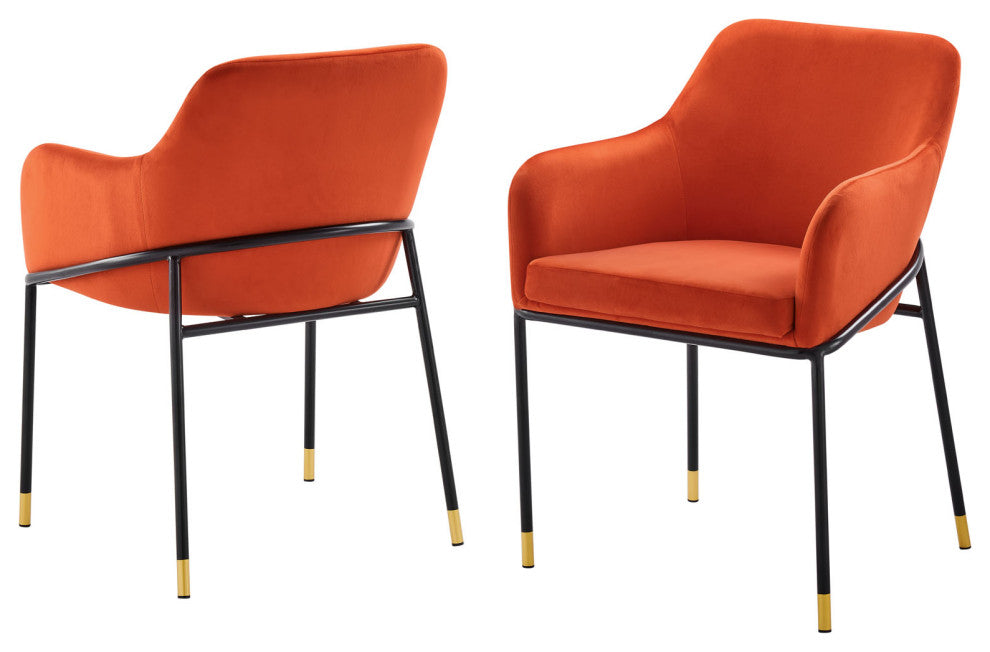 Dining Chair, Set of 2, Orange Black, Velvet, Modern Cafe Bistro Hospitality