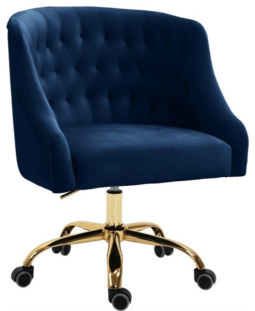 Elegant Office Chair, Velvet Seat & Buttonless Tufted Round Back, Navy/Gold