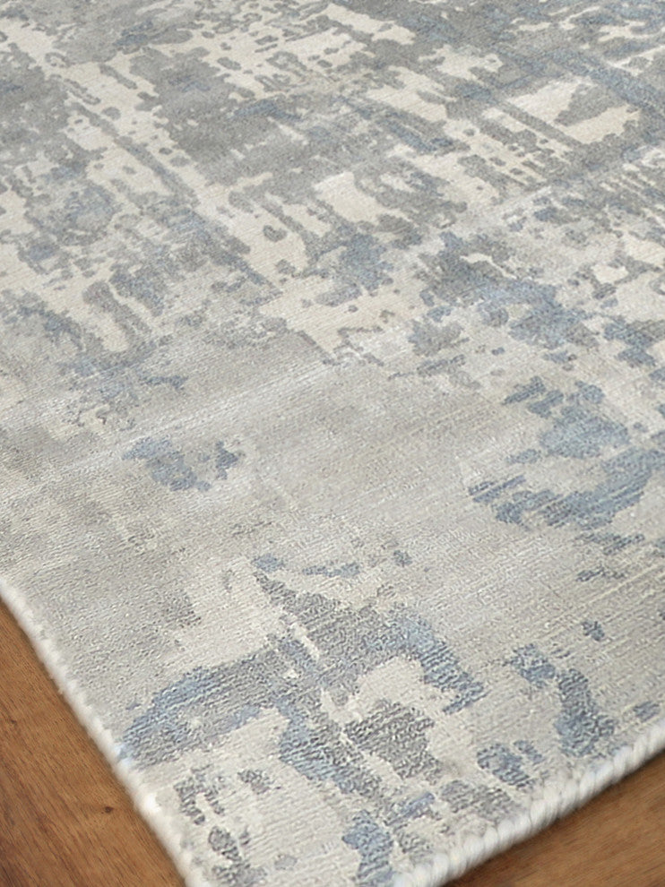 Murano Handmade Hand Loomed Wool and Bamboo Silk Silver/Blue Area Rug, 9'x12'