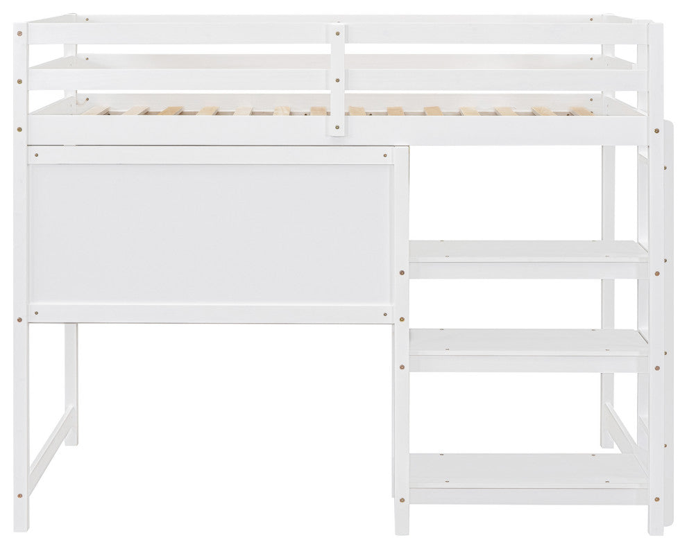 Gewnee Twin Size Wooden Loft Bed with Shelves in White