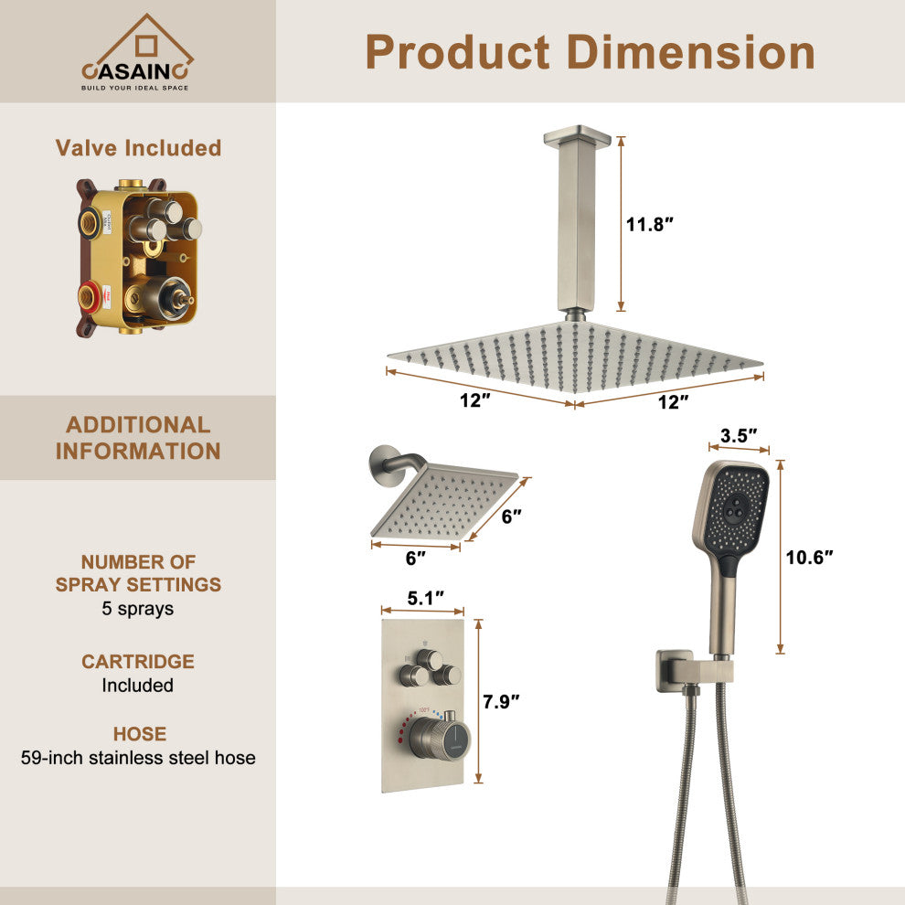 CASAINC 12" Ceiling Mounted Rainfall Shower System Set w Dual Shower Head, Brushed Nickel
