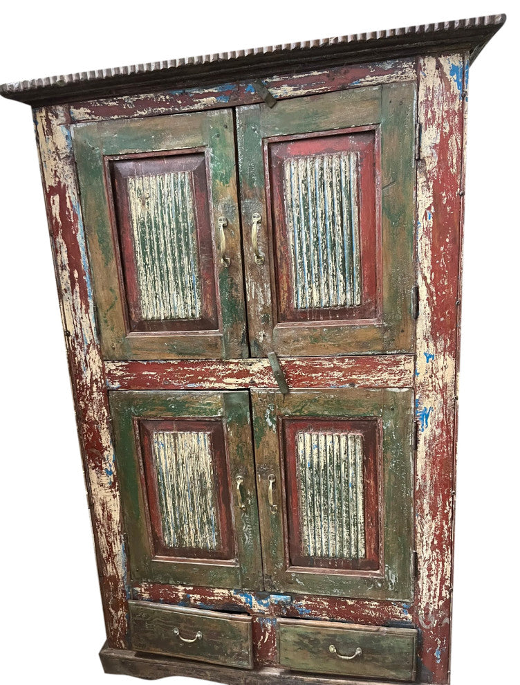Consigned Antique Accent Cabinet Carved Distressed Green Red Armoire