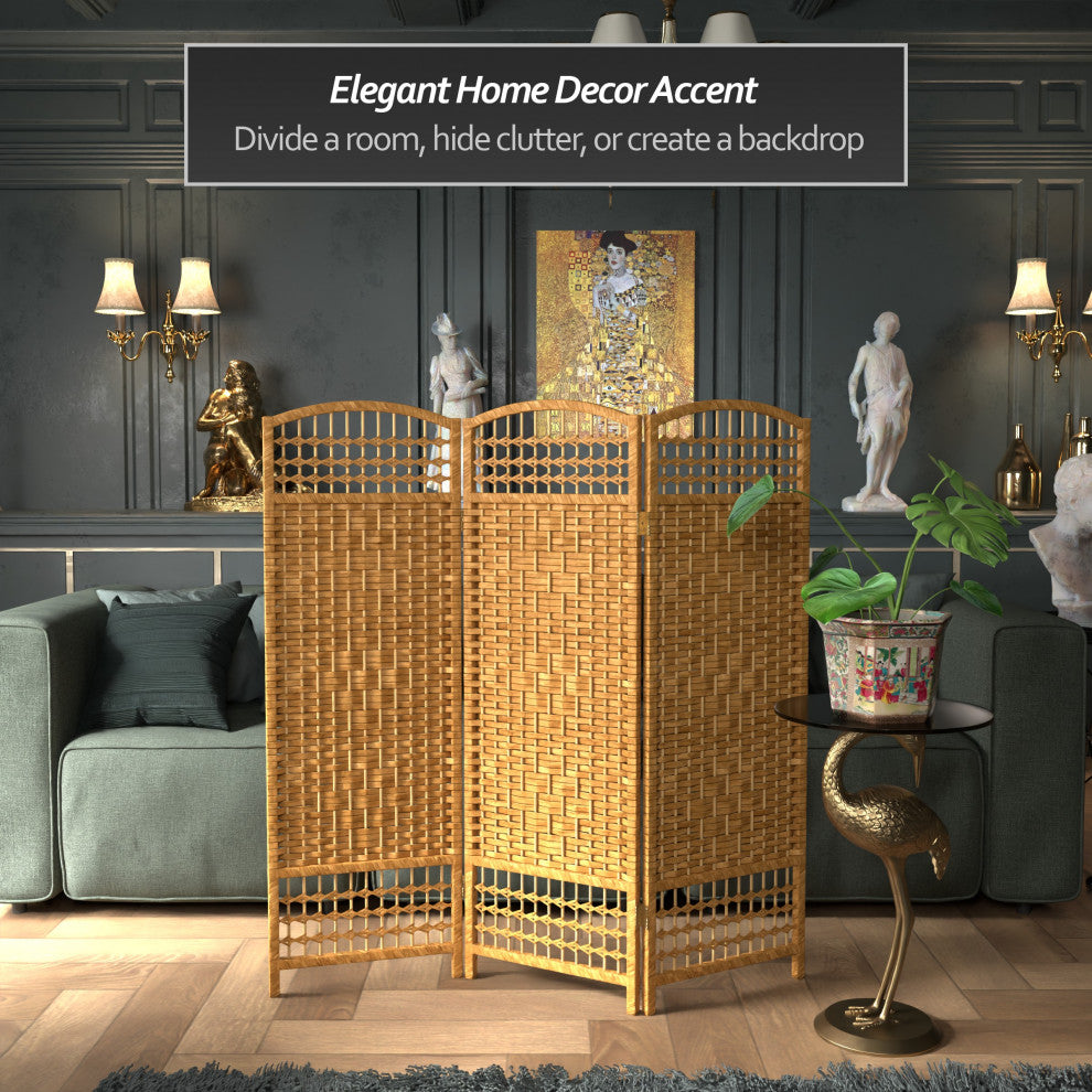 4' Tall Fiber Weave Room Divider, Light Beige, 3 Panels
