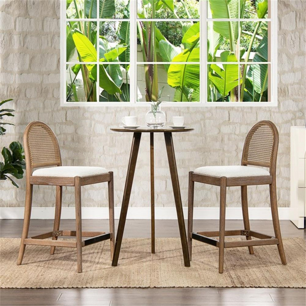 Panama 26.5" Curved Back Cane Rattan Counter Stool Set of 2 Ivory White Boucle