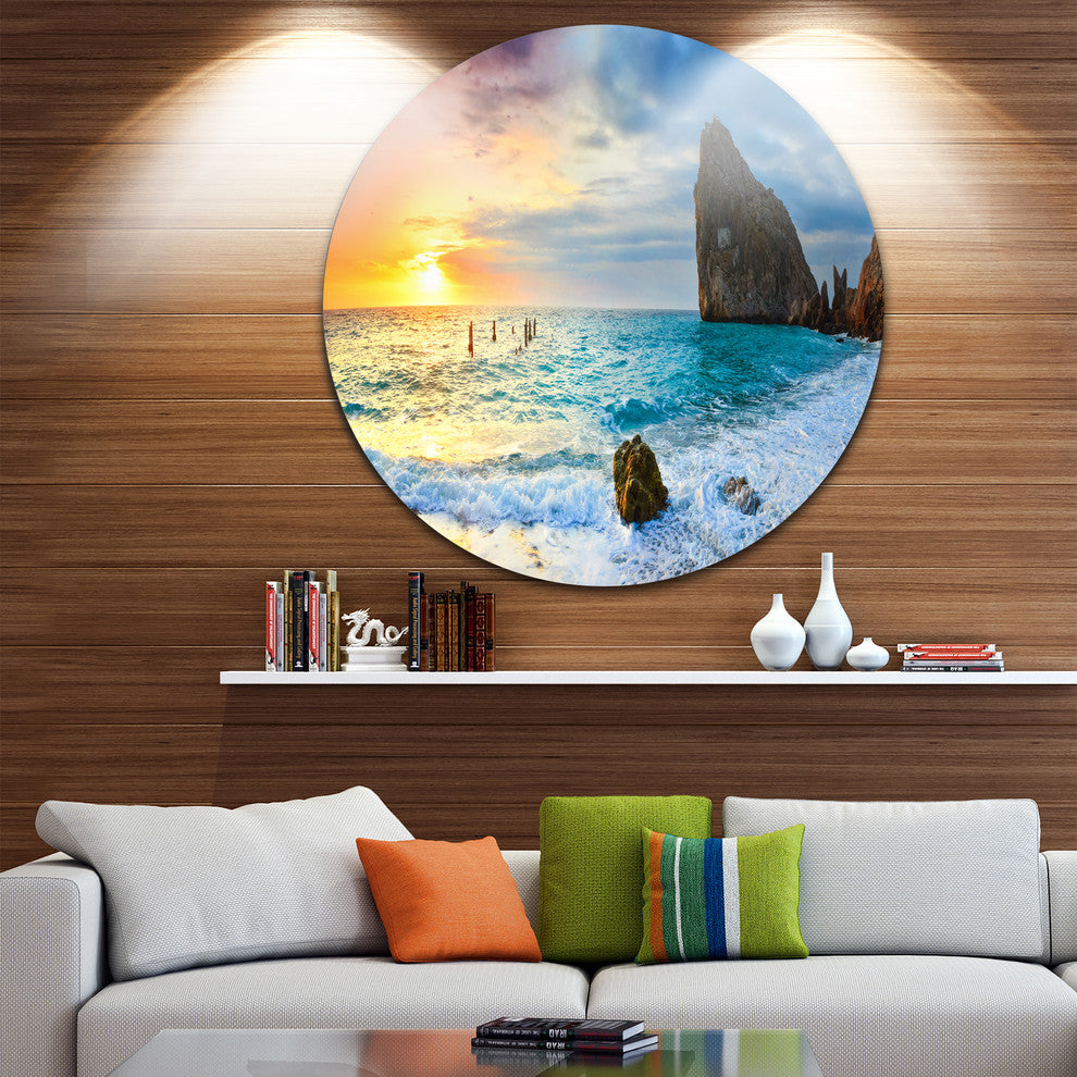 Vibrant Morning Sea With Yellow Sun, Seashore Disc Metal Wall Art, 11"