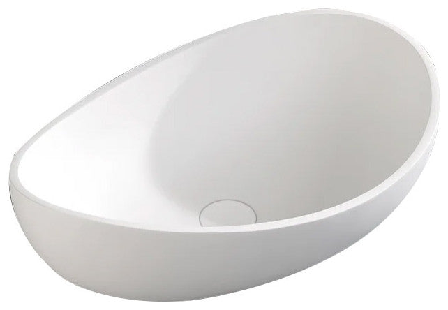 Bathroom Stone Resin Oval Vessel Sink Modern Art Sink with Pop Up Drain, Glossy White