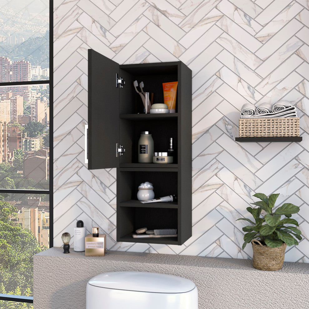 Praia Single Door Medicine Cabinet, with Four Shelves and Metal handle, Black