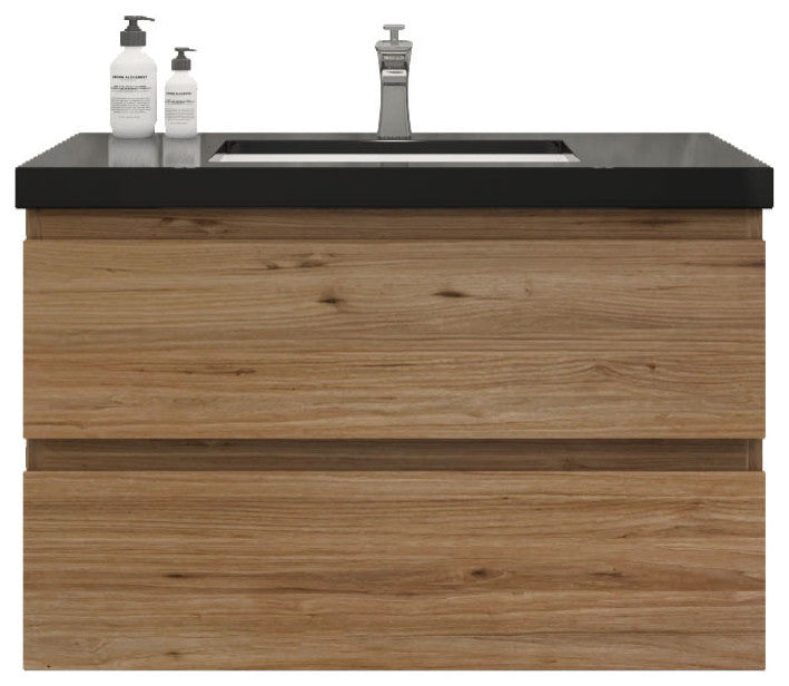 Belli 36" Wall Mounted Single Bathroom Vanity Set, Natural Oak, Matt Black Top