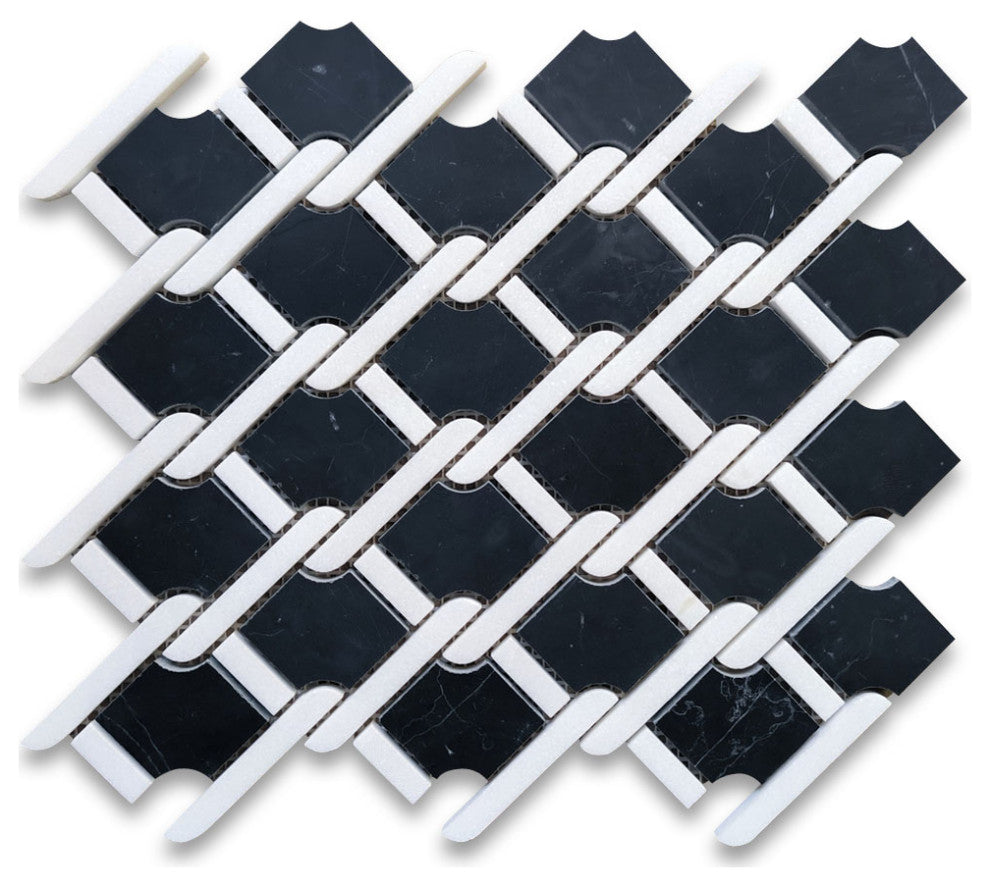 Nero Marquina Black Marble Princess Weave Rope Mosaic Tile White, 1 Sh