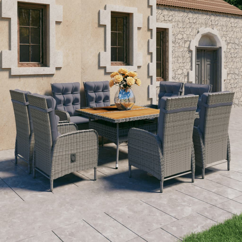 vidaXL Solid Acacia Wood Patio Dining Set 9 Piece Poly Rattan Gray Garden Seat