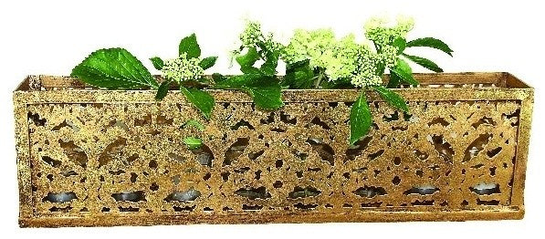 Long Gold Pierced Fretwork Candle Holder, Votive Glass Metal Moroccan