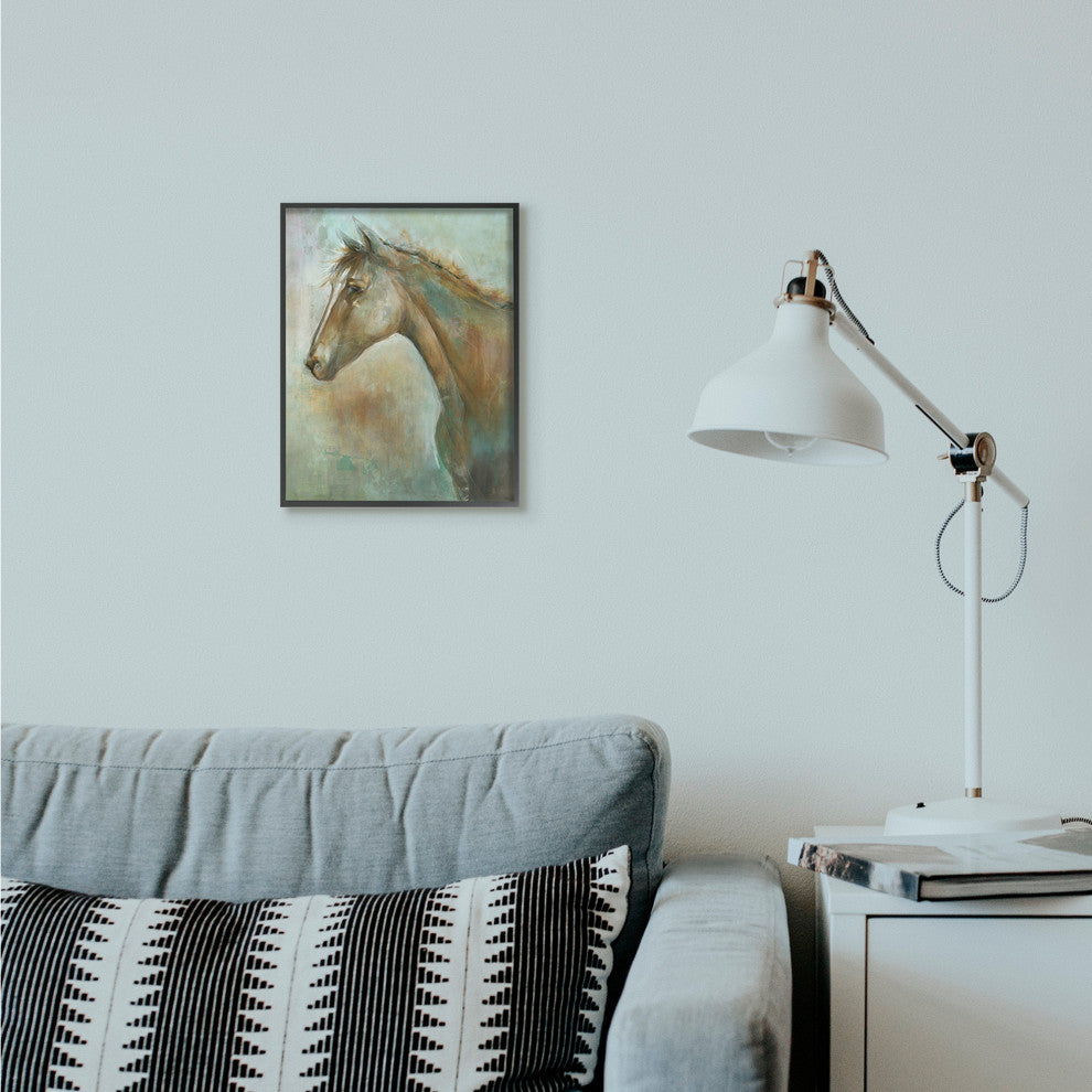 Horse Portrait Green Brown Animal Painting, 11"x14", Black Frame