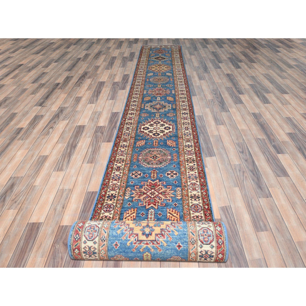 Denim Blue Soft Wool Hand Knotted Afghan Super Kazak XL Runner Rug, 2'6"x33'6"