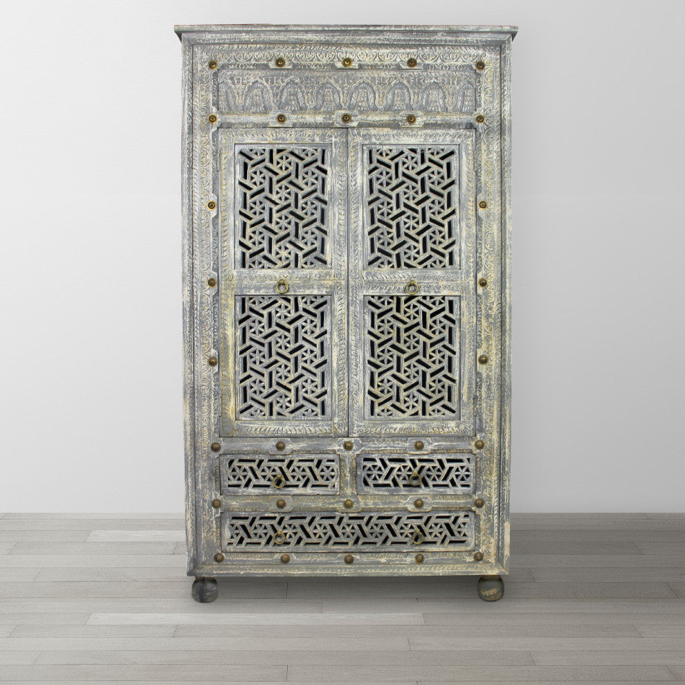 Carter Burman Armoire, Aged Gray Finish With Brass Accents