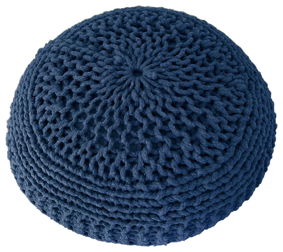Handmade Premium Cotton Round Knitted Cable Style Pouf, Navy