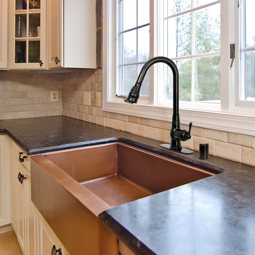 Pull Down Kitchen Faucet With Deck Plate, Single Level Solid Brass Sink Faucets,