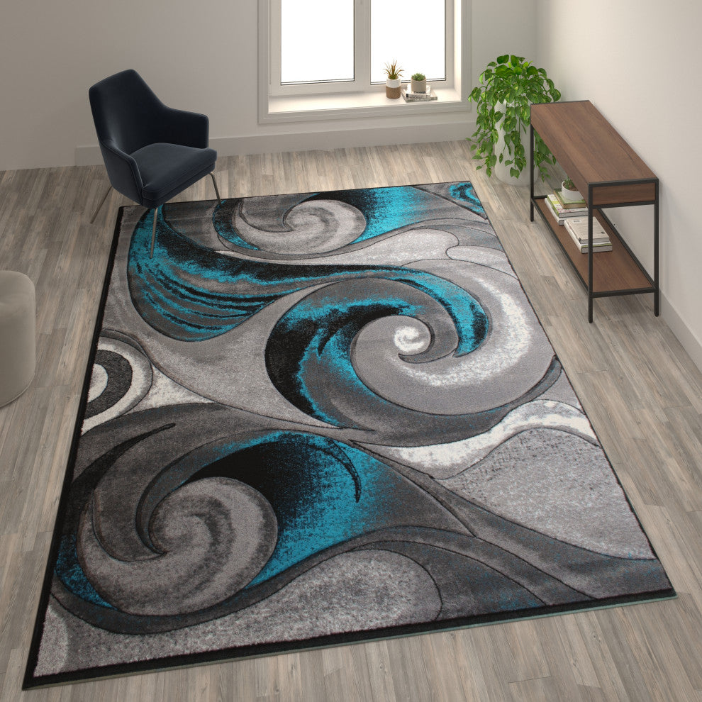 Tellus Collection Olefin Ocean Waves Pattern Area Rug, Turquoise, 8' X 10'