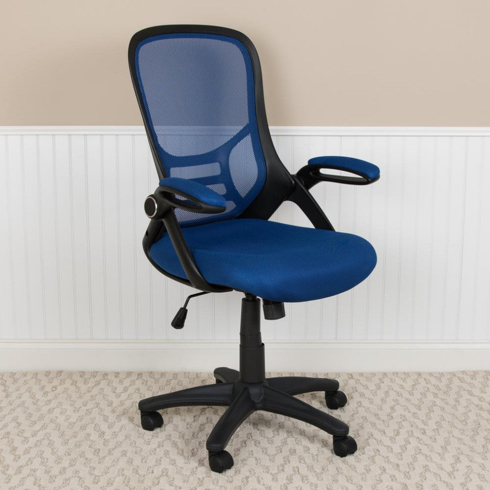 High Back Mesh Swivel Office Chair With Flip-up Arms, Blue