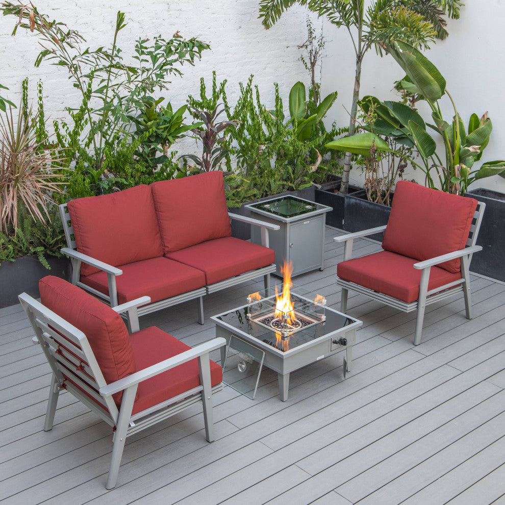 LeisureMod Walbrooke Grey Patio Sofa Set With Square Fire Pit Table, Red