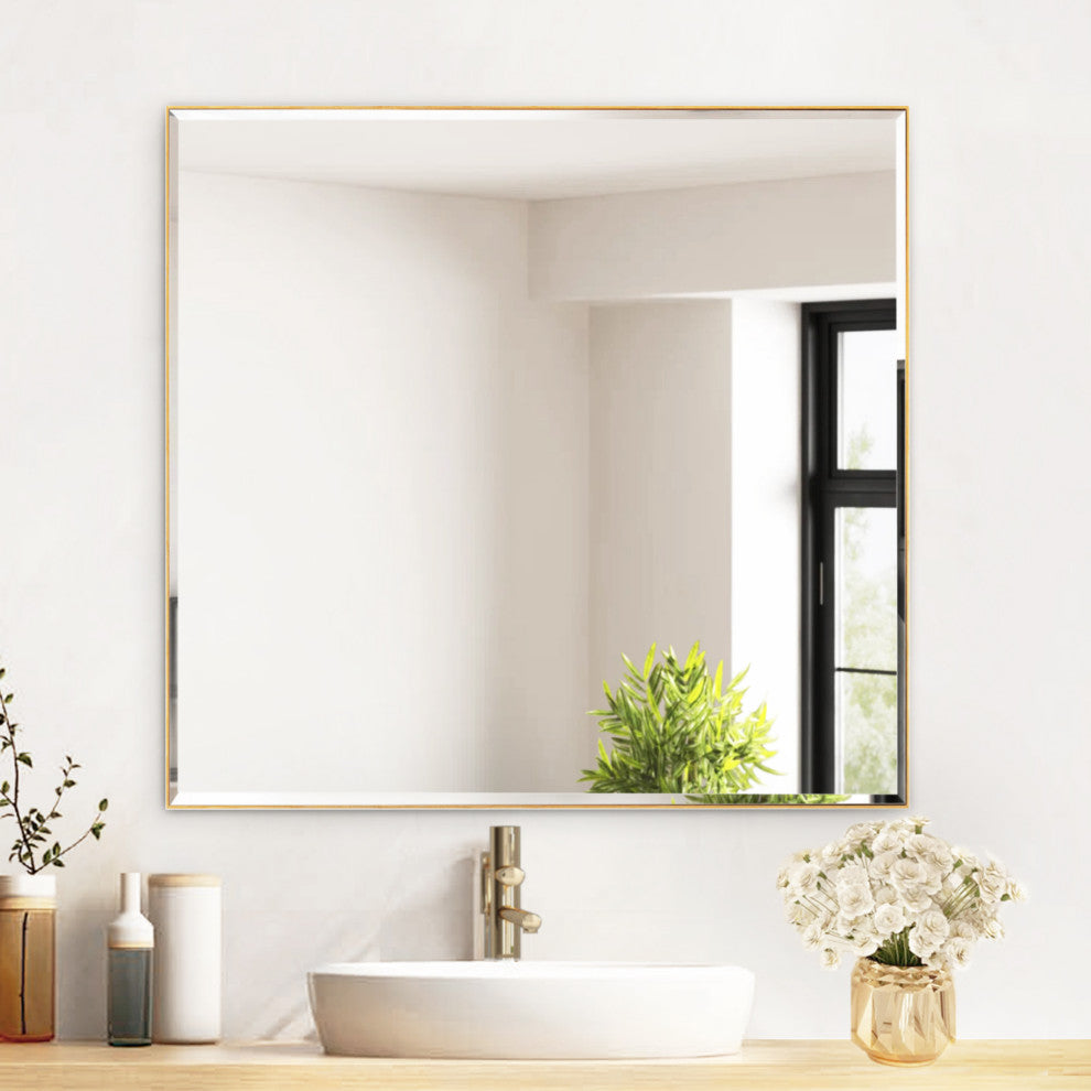 Rectangle Aluminum Framed Wall Mounted Mirror With Beveled Edge, Gold, 36"x36"