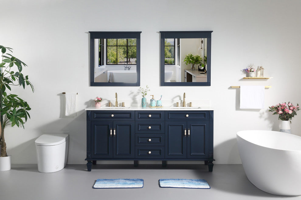 Solid Wood Bathroom Vanity with Quartz Top and cUPC Certified Sink, Navy Blue, 72 Inch