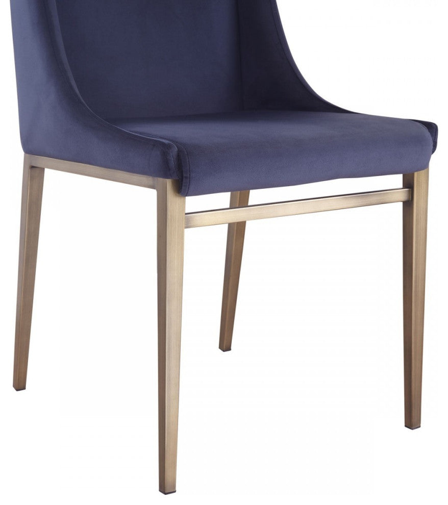 Set of Two Blue Velvet Antique Brass Contemporary Dining Chairs