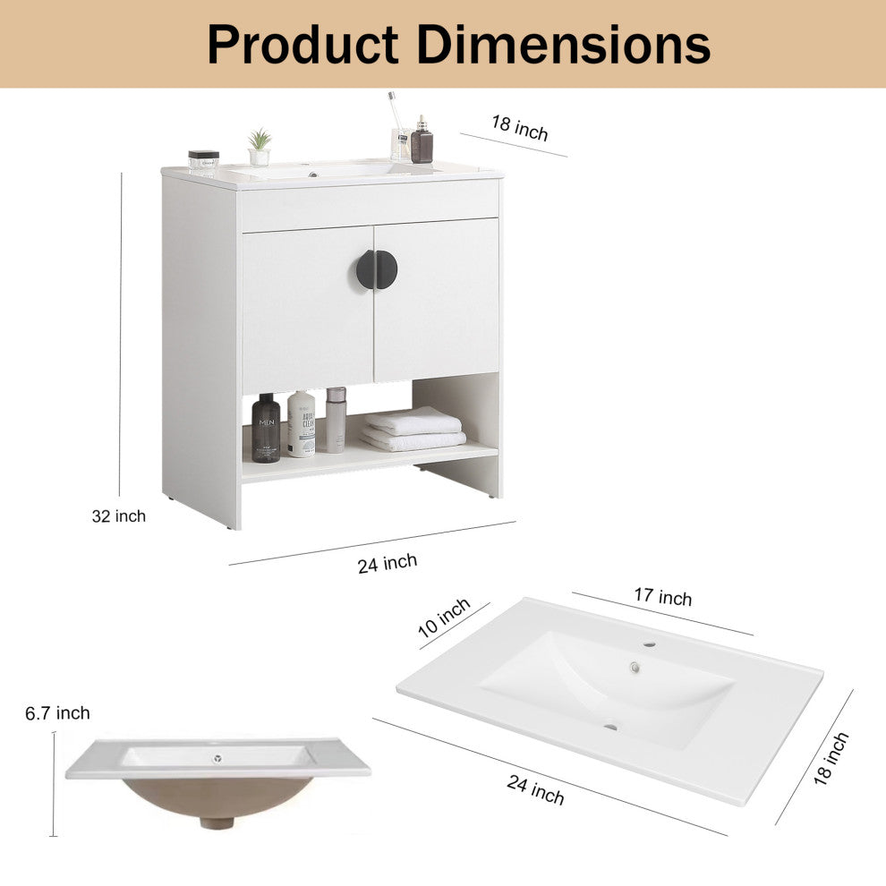 Plywood Freestanding Bath Vanity Set, Integrated Ceramic Sink, White, 24" X 18"