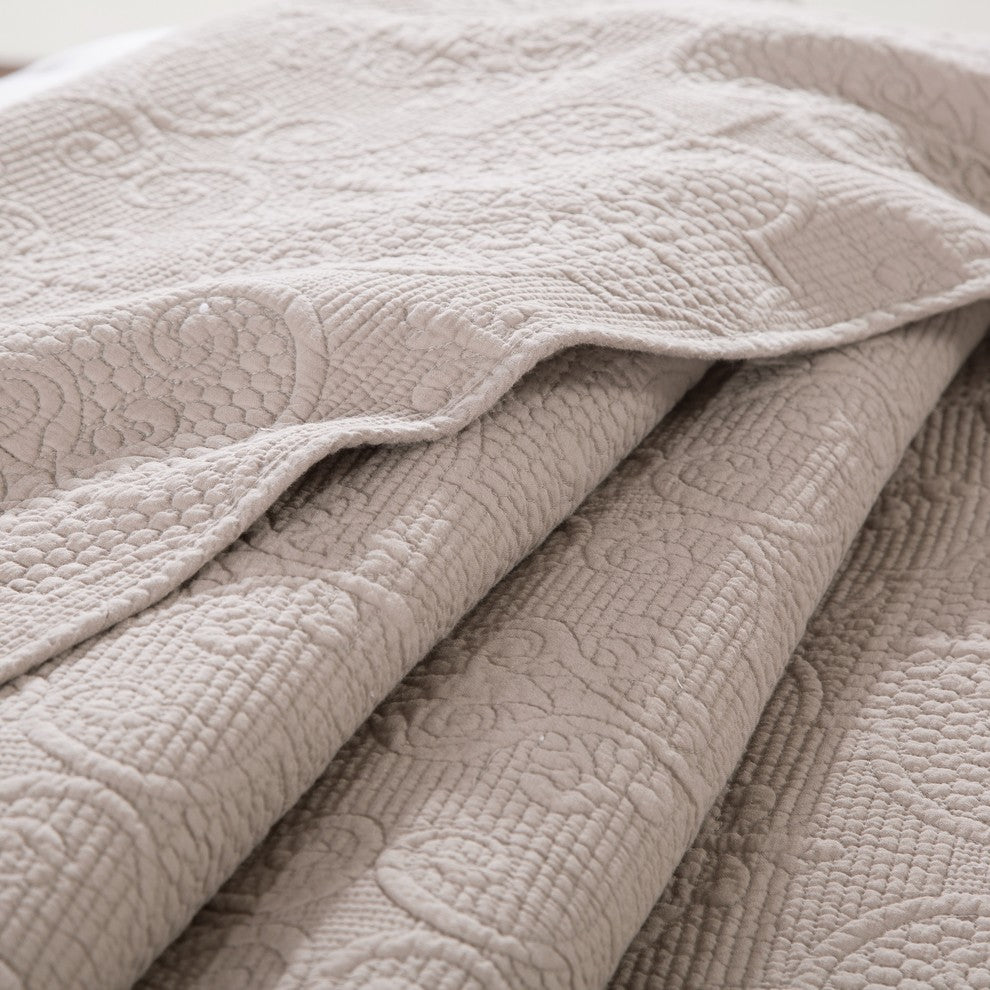 Neutral Beige Sand Dollar Floral Embossed Textured Quilted Bedspread Set, Queen