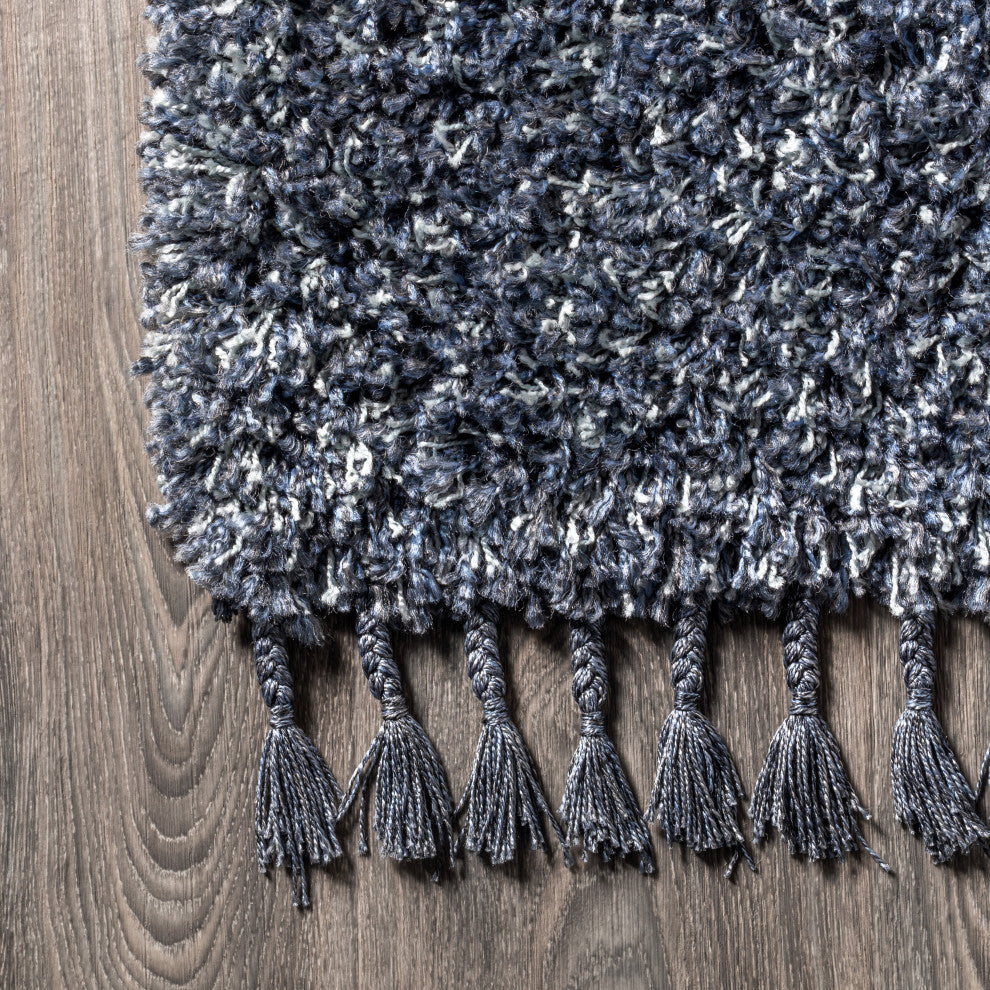 Mercer Shag Plush Tassel Area Rug, Denim Blue, 2 X 8