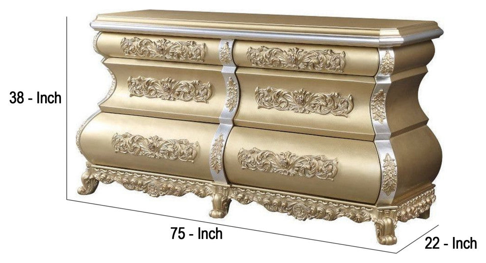 Benzara BM268996 Server With 6 Drawers and Ornate Engraving, Gold