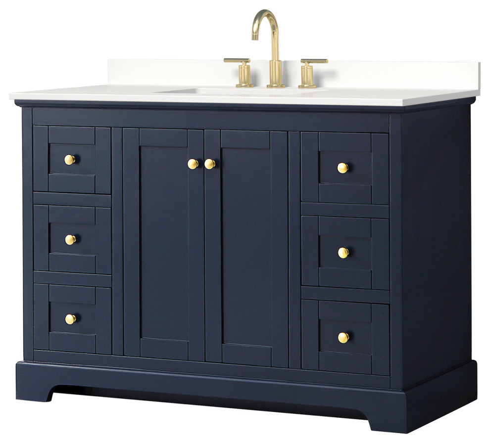 Avery 48" Dark Blue Single Vanity, White Quartz Top (3-Hole), Gold Trim