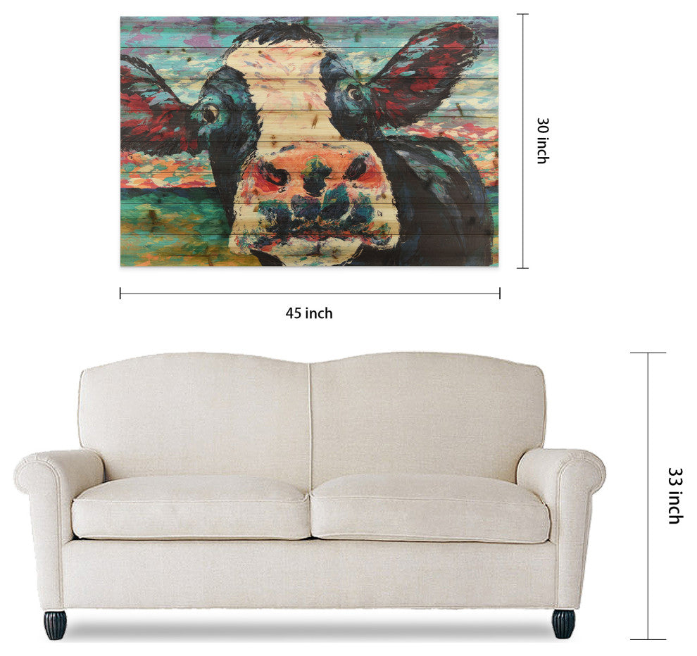"Curious Cow" Wall Art Digital Print on Solid Wood, 45"x1.5"x30"