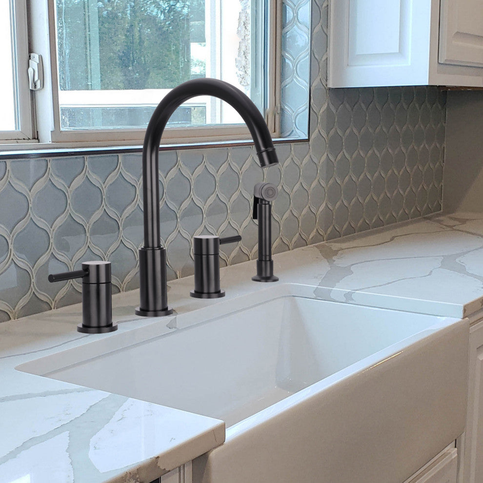 Two-Handles Copper Widespread Kitchen Faucet With Side Sprayer, Matte Black