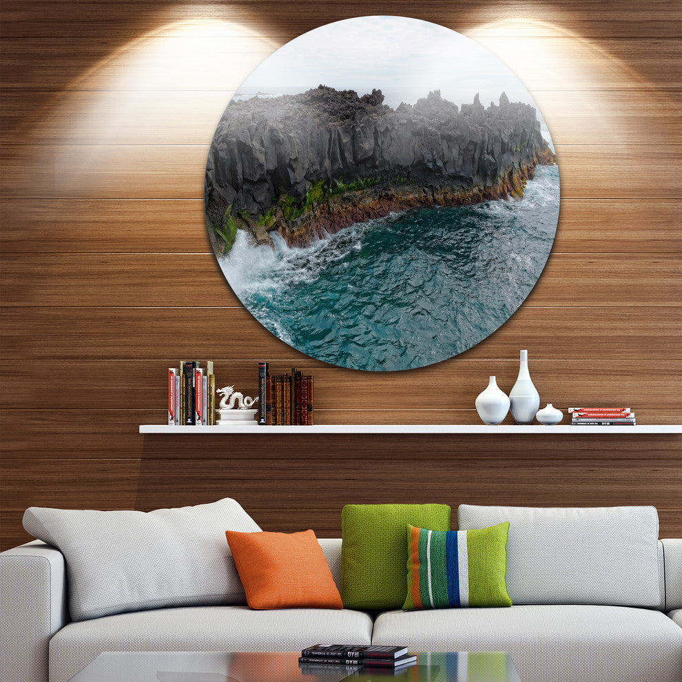 Rocky Coast With Moss In Azores, Seashore Large Disc Metal Artwork, 11"