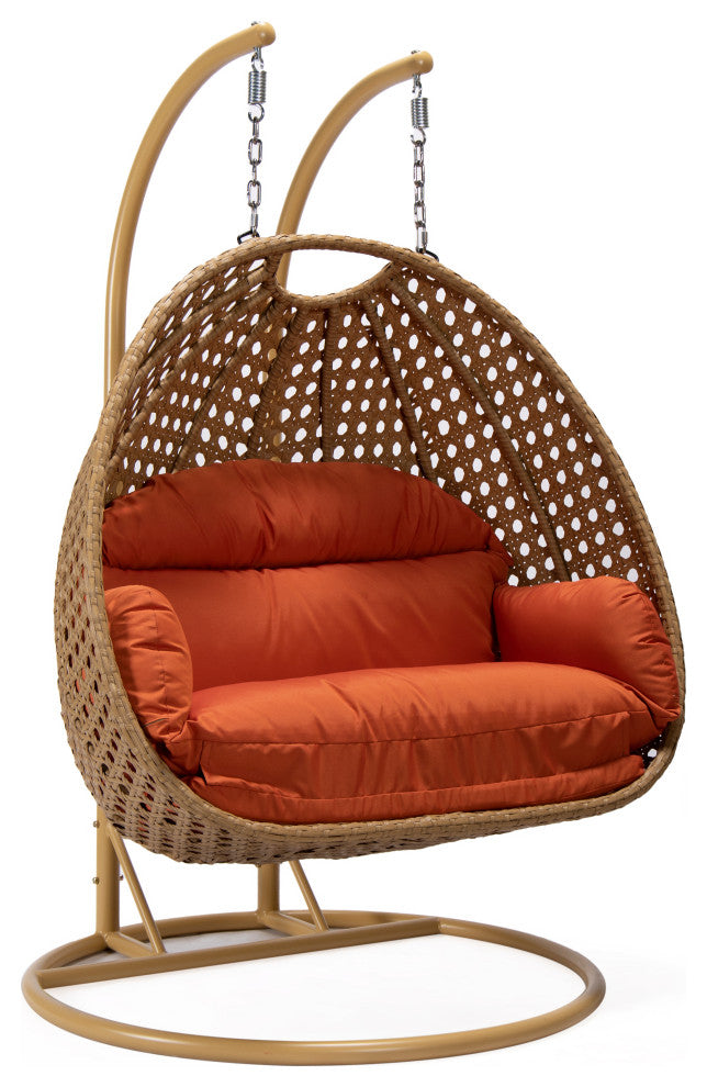 LeisureMod Mendoza Light Brown Wicker Hanging Double Egg Swing Chair, Orange
