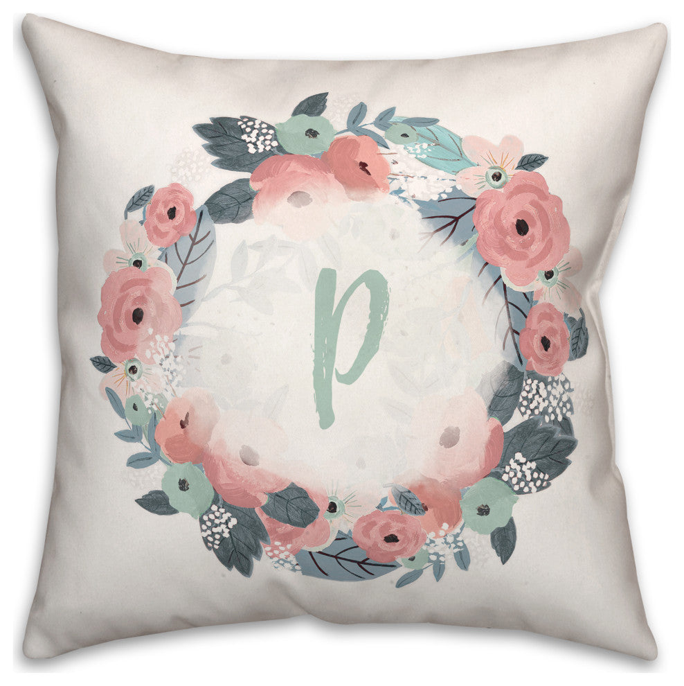 P Monogram Wreath 18x18 Spun Poly Pillow