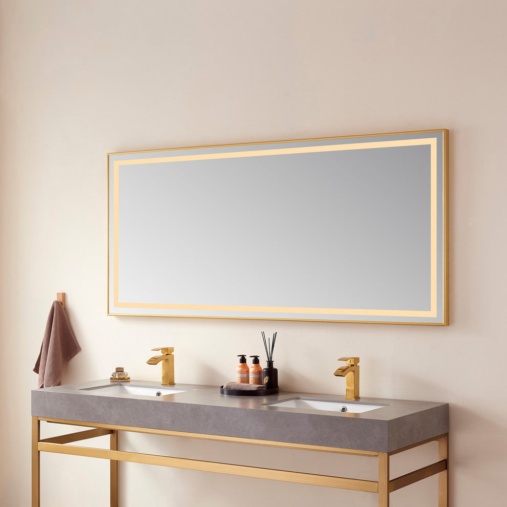 Horizontal Rectangular LED Wall Mount Bathroom Mirror, Gold, 72"