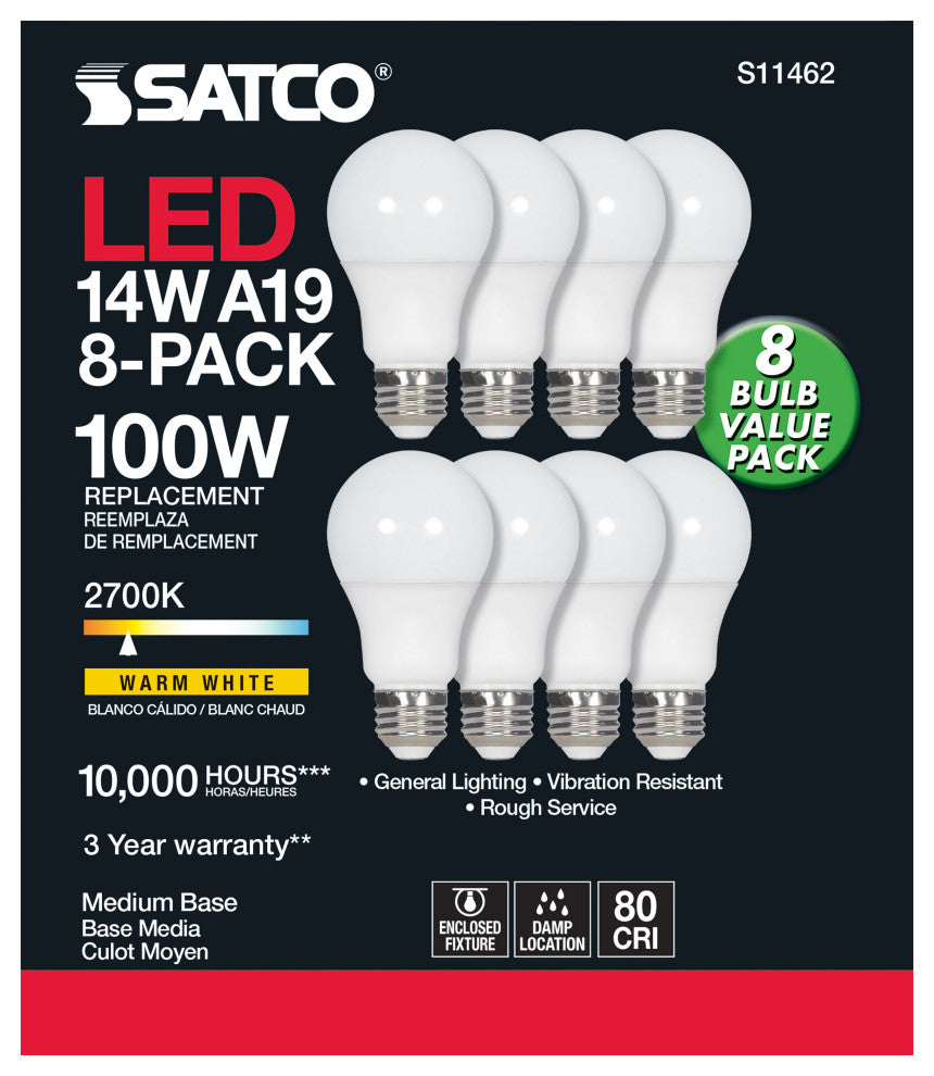 14W A19 LED, 2700K, Non-Dimmable, E26, 80 CRI, 8-Pack