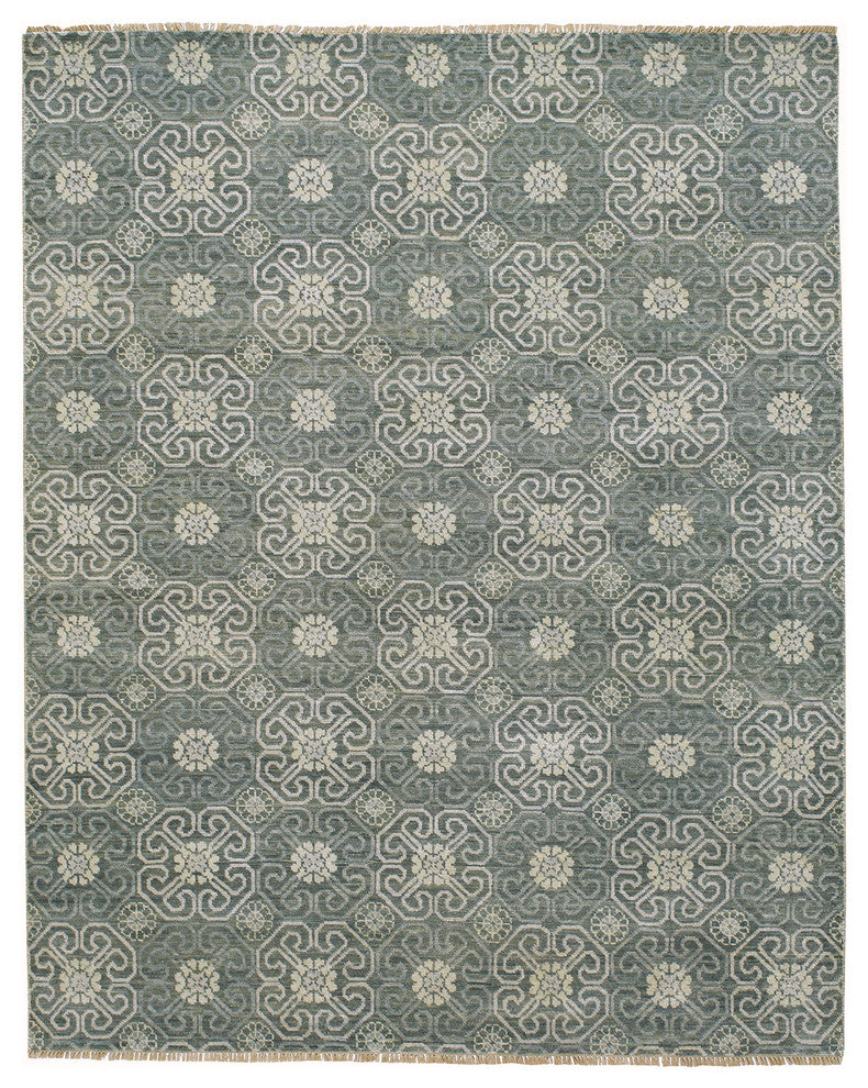 Pewter Burmesse-Flower Rectangular Hand Knotted Rug, 10' X14'