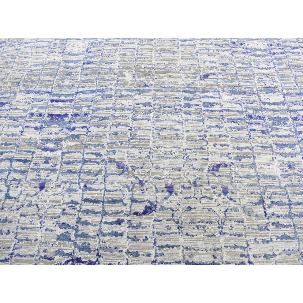Indigo Color, Diminishing Bricks, Sari Silk, Hand Knotted, Rug, 10'2"x13'10"