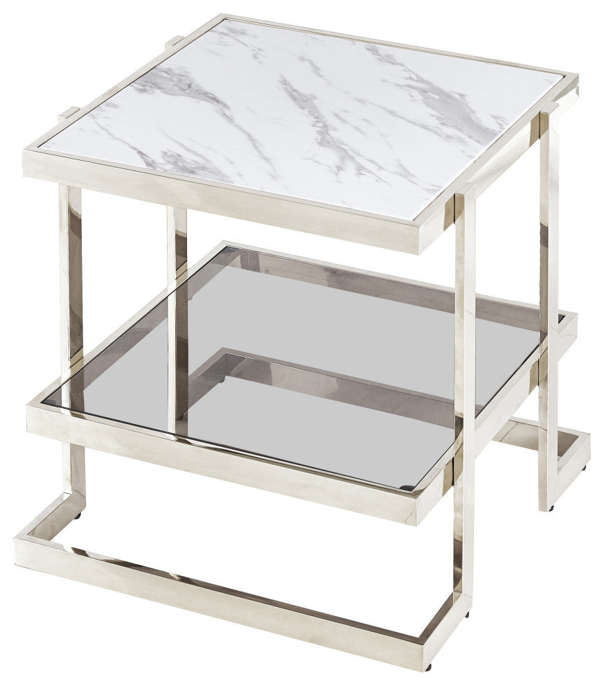 Metal/Marble Glass, Side Table, Silver/White