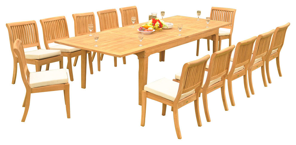 13-Piece Teak Dining Set: 122" Rectangle Extn Table 12 Arbor Stacking Arm Chairs